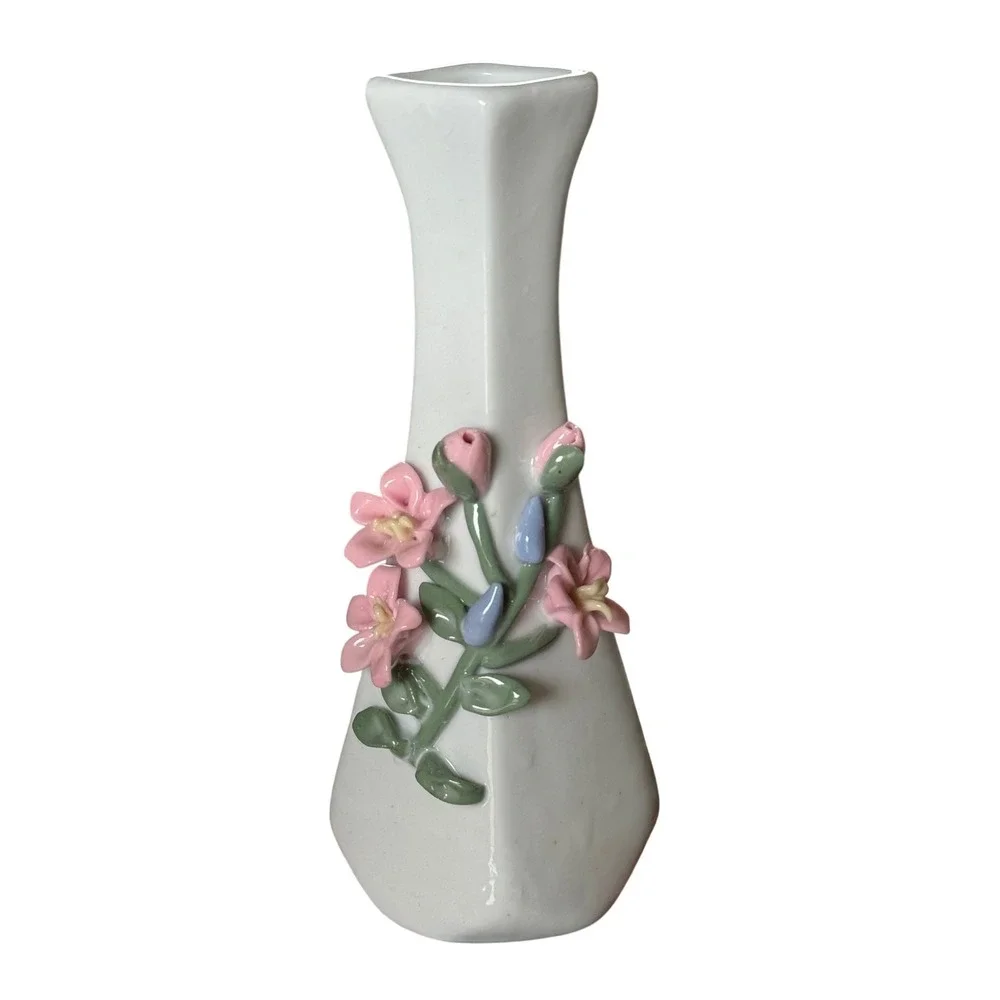 Vintage White Porcelain Bud Vase 3D Pink Floral Applied Design 7.25 Inch